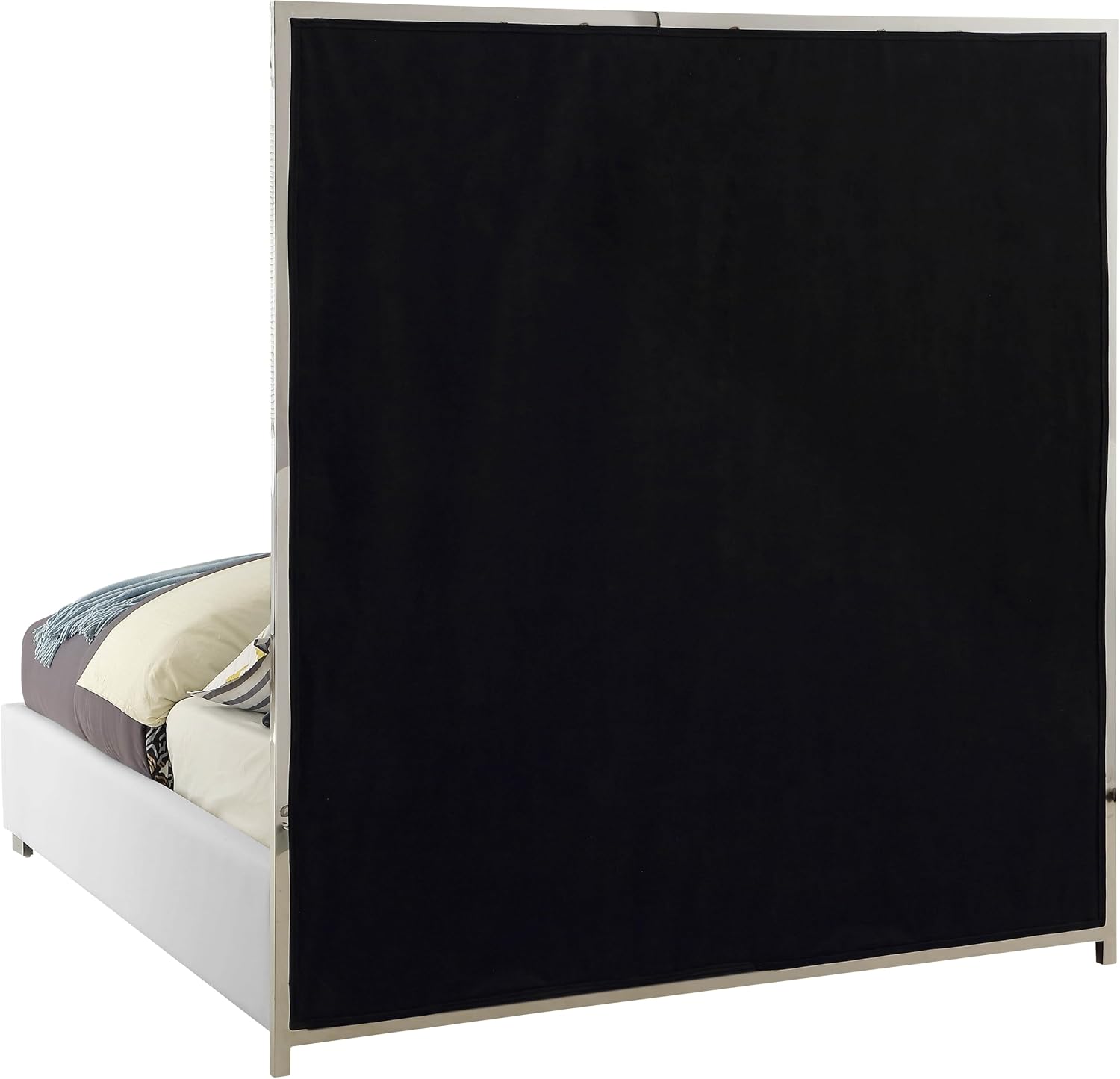 Meridian Furniture MilanWhite-K Milan Collection Modern Contemporary Vegan Leather Upholstered Bed, Custom Chrome Metal Legs, Geometric Designed Headboard, 81.5' W x 84.5' D x 70' H, White, King