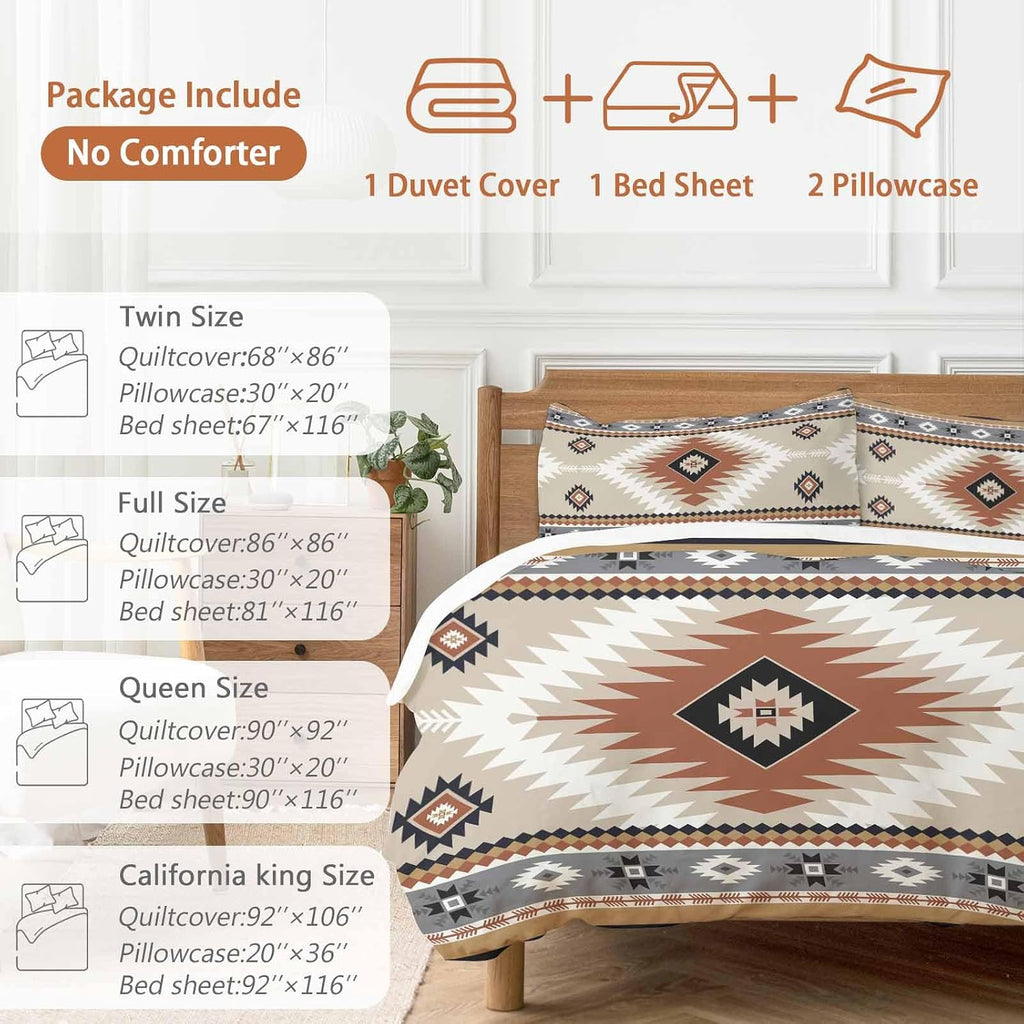 Aztec Southwestern Duvet Cover Set Queen Size 4 Pieces Ethnic Tribal Style Geometric Orange Khaki Bedding Set with Zipper Closure, 1 Comforter Cover 92x106 Inches 1 Flat Sheet & 2 Pillow Cases