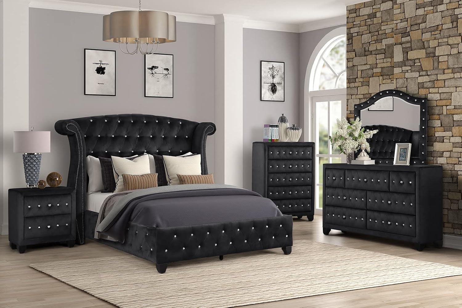 Luxury Bedroom Furniture Set - Modern Elegance with Crystal Tufted Detail, Spacious Storage, Ball Bearing Glides, and Dovetail Drawer Joints (Black,Queen Bed)