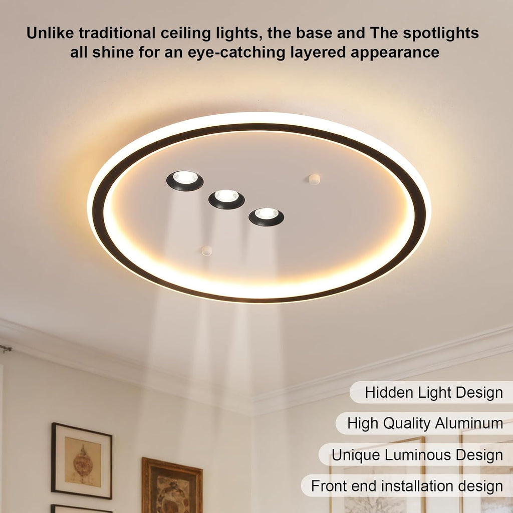 Shine LUEST Modern Round LED Flush Mount Ceiling Light with Black Finish & 3 Adjustable Spotlights, Dimmable Soft Glow Ceiling Lighting for Living Room Bedroom Hallway