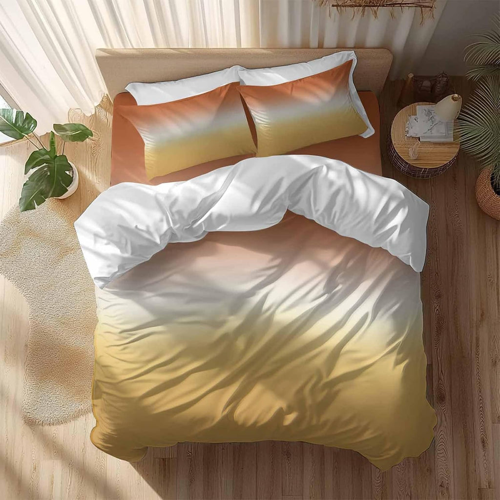 Gradient Orange Duvet Cover Set Queen Size 4 Pieces Modern Minimalist Yellow Orange Ocean Beach Bedding Set with Zipper Closure, 1 Comforter Cover 92x106 Inches 1 Flat Sheet & 2 Pillow Cases