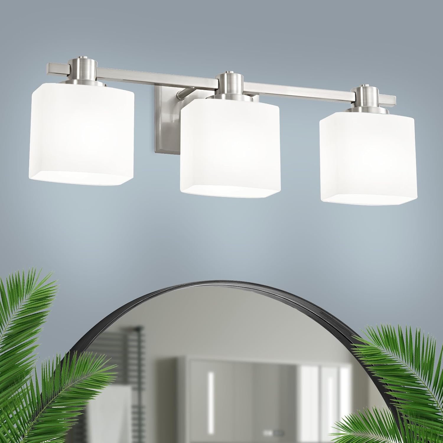 Bathroom Light Fixtures Over Mirror Bathroom Vanity Light Silver Modern Industrial Makeup Lighting Wall Sconce Farmhouse Rustic Milk Glass Lamp Desk Sink (Brushed Nickel, 24 Inch, 3 Light)