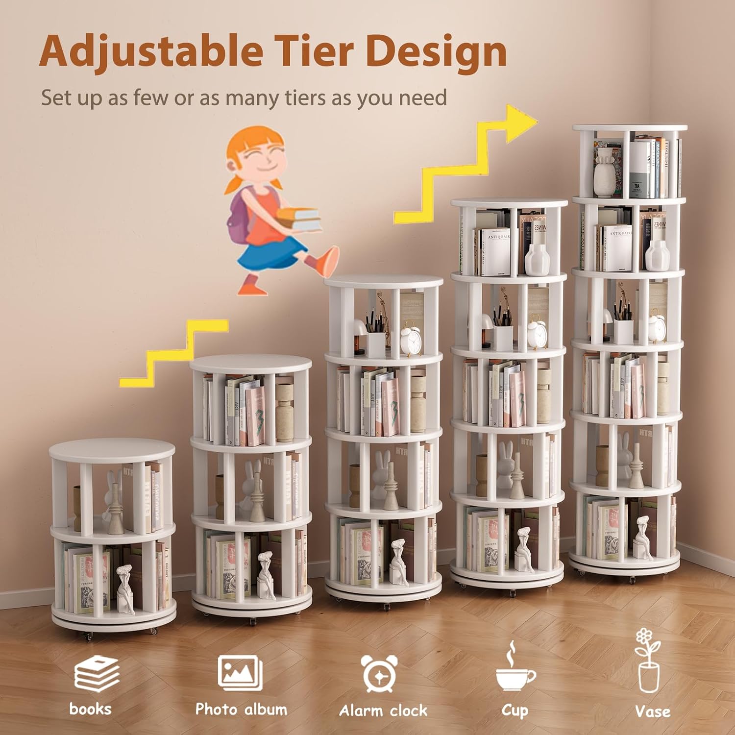 Muwuele Solid Wood Rotating Bookshelf on Wheels, 6 Tier, Round Revolving Bookcase, 360° Spinning Book Shelf Tower for Kids, Narrow Rolling Bookshelves for Small Space, Corner, Bedroom, Office, White