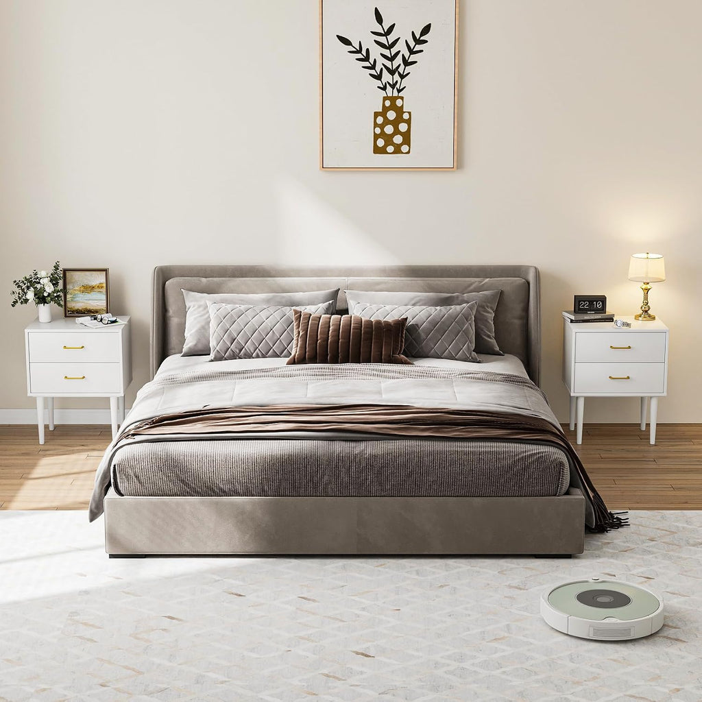 Modern White Bedside Cabinet with Metal Handles | 2-Drawer Nightstand Set of 2, Solid Wood Legs & Metal Slides for Bedroom Living Room