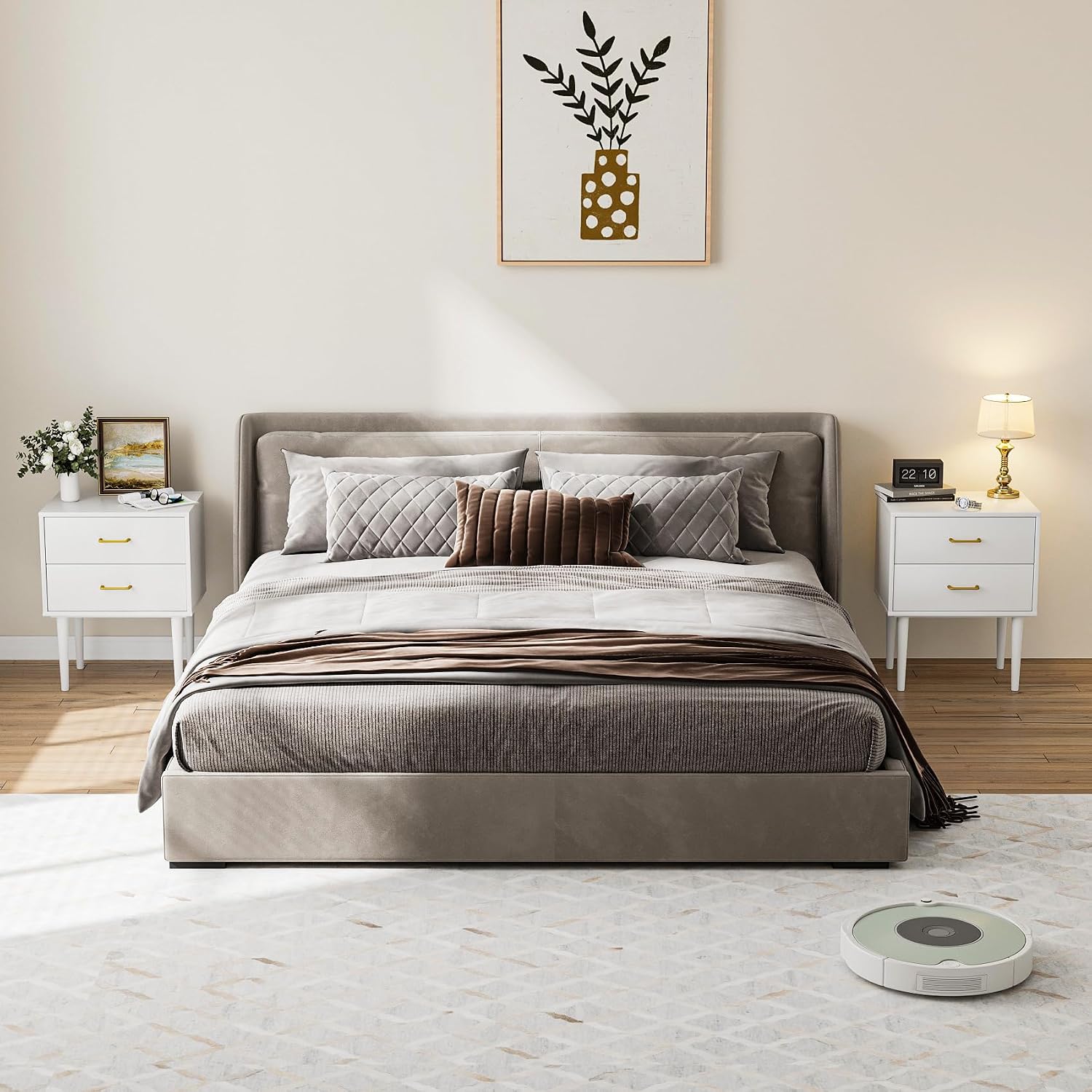 Modern White Bedside Cabinet with Metal Handles | 2-Drawer Nightstand Set of 2, Solid Wood Legs & Metal Slides for Bedroom Living Room