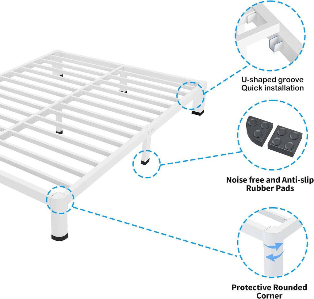 ROIL 4 Inch White Queen Bed Frame with Rounded Corner and Mattress Retainers, 3500LBS Heavy Duty Steel Slats No Box Spring Needed Platform Noise-Free Easy Assembly