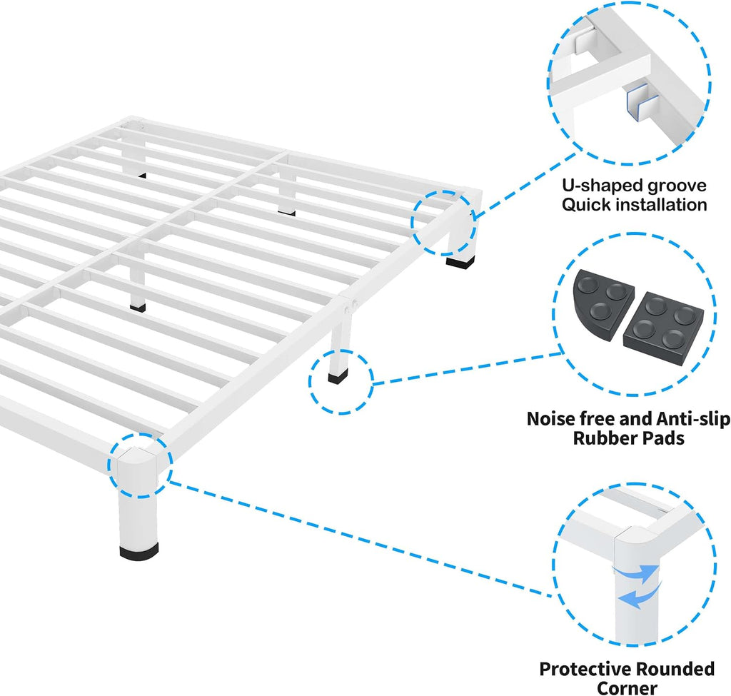 ROIL 4 Inch White King Bed Frame with Rounded Corner and Mattress Retainers, 3500LBS Heavy Duty Steel Slats No Box Spring Needed Platform Noise-Free Easy Assembly