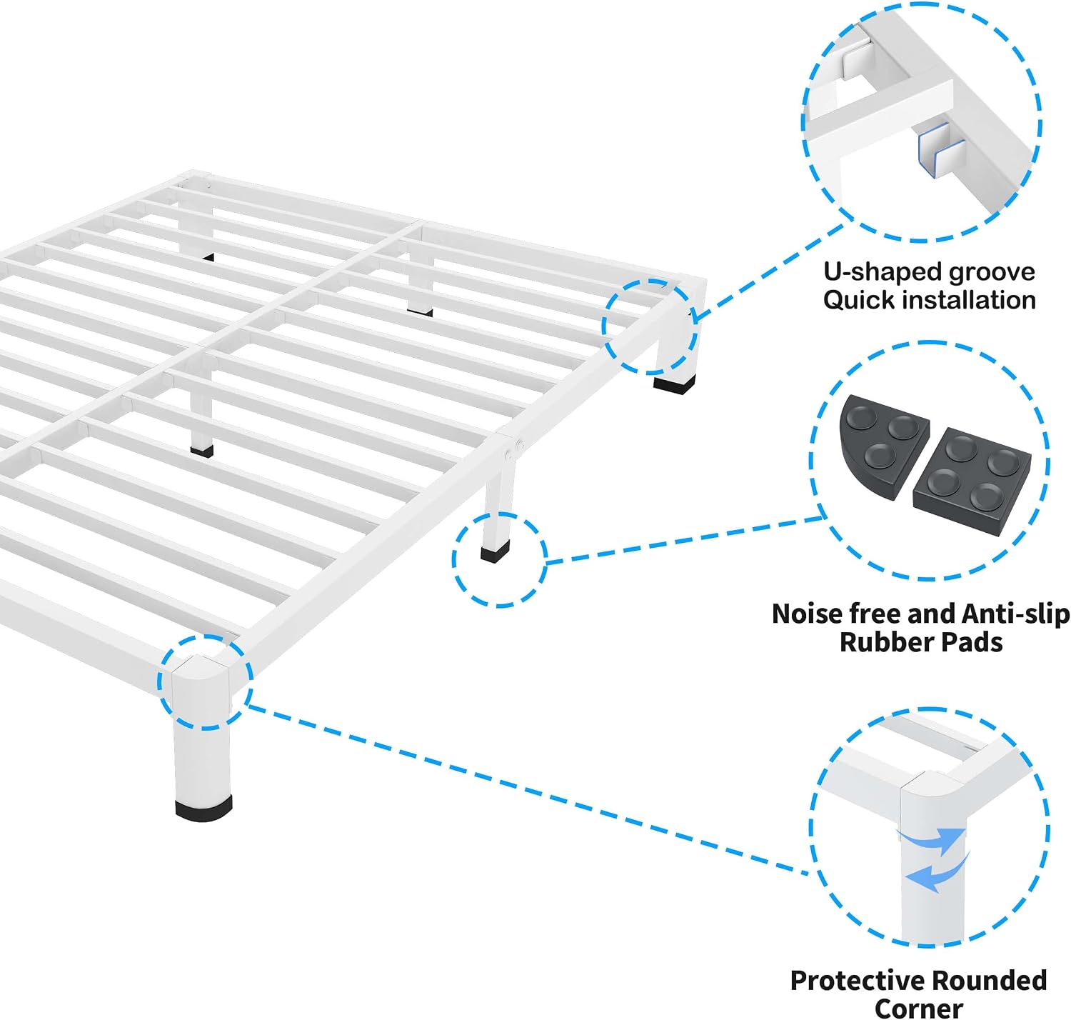 ROIL 4 Inch White King Bed Frame with Rounded Corner and Mattress Retainers, 3500LBS Heavy Duty Steel Slats No Box Spring Needed Platform Noise-Free Easy Assembly