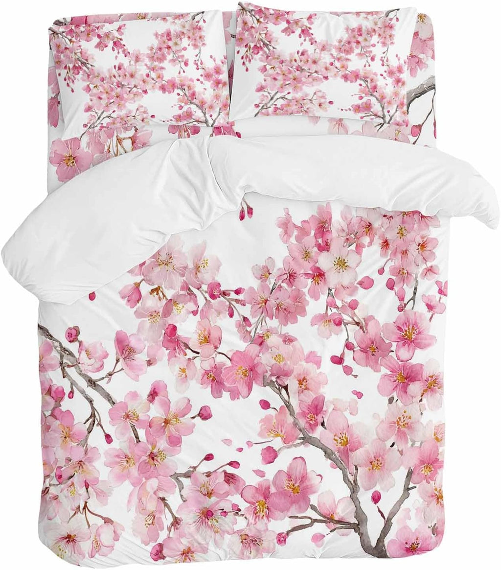 Spring Cherry Blossoms Duvet Cover Set Queen Size 4 Pieces Pink Flowers Branch Watercolor Plant Bedding Set with Zipper Closure, 1 Comforter Cover 86x86 Inches 1 Flat Sheet & 2 Pillow Cases