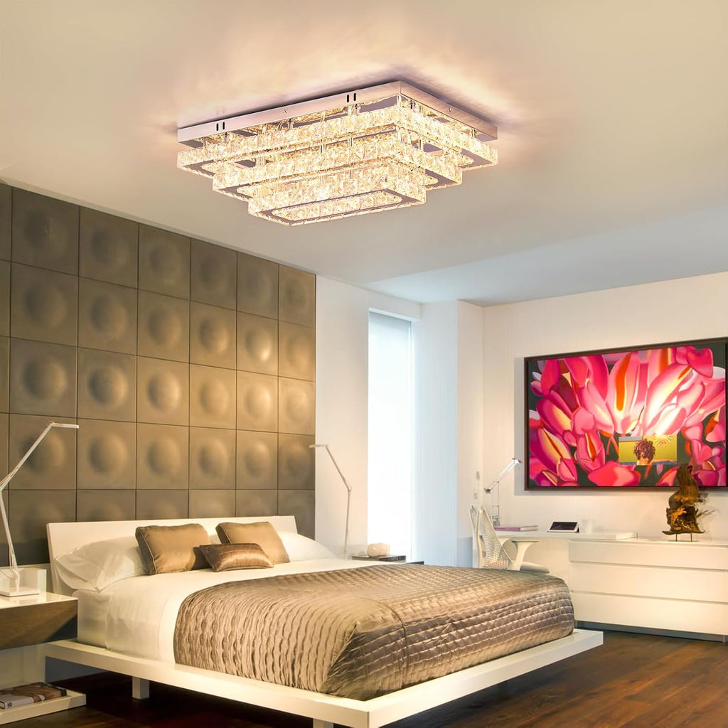 Finktonglan Modern Crystal LED Ceiling Light Fixtures 20' Dimmable Rectangular Flush Mount Chandelier Ceiling Lights 3-Tiers Stainless Steel Ceiling Lamp Fixtures for Living Room Bedroom Dining Room