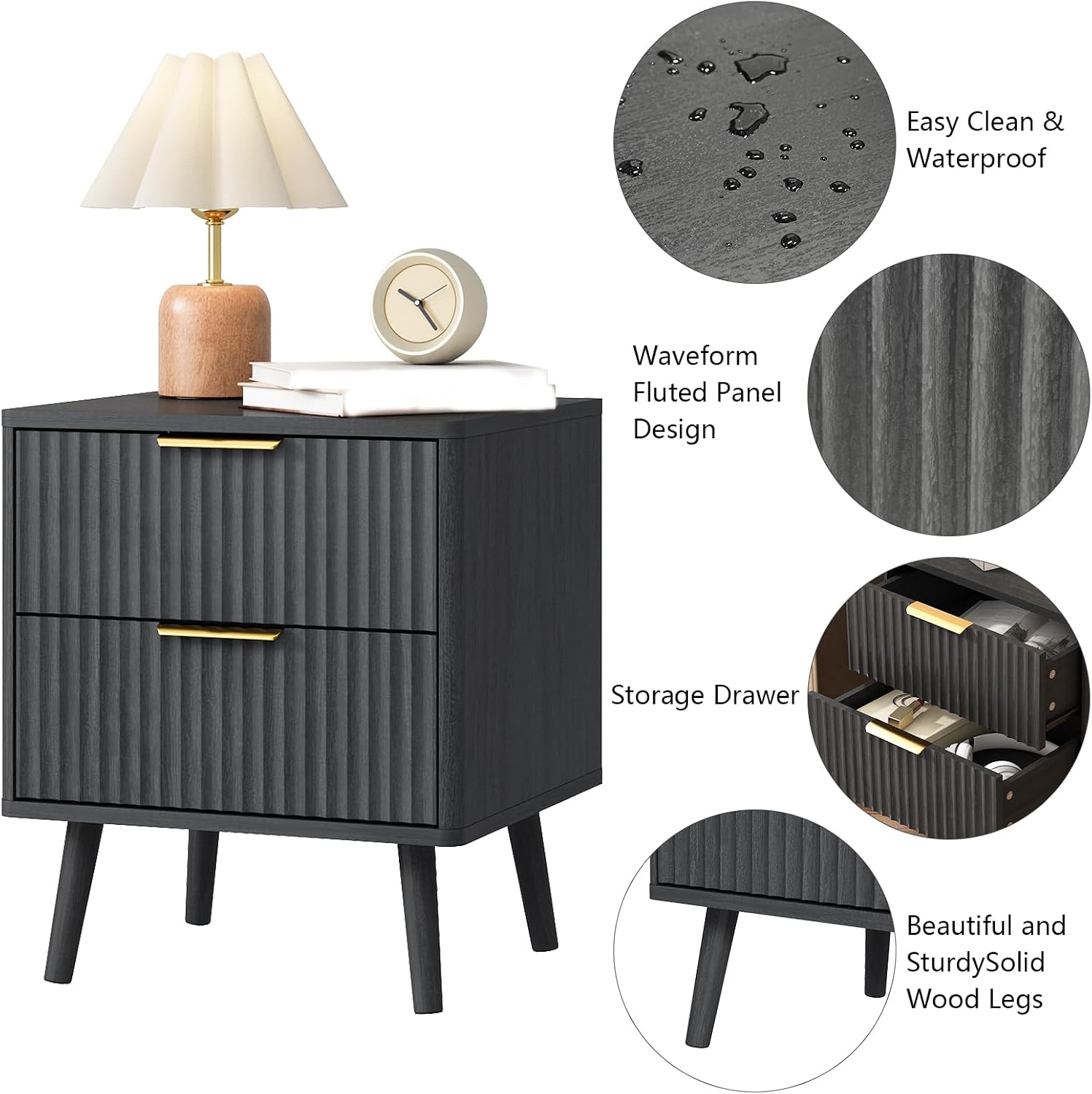 CARPETNAL Fluted Dresser and Nightstand Sets for Bedroom, 3 Pcs Bedroom Set, 6-Drawer Dresser & 2-Drawer Nightstand Set of 2, Modern Wood Chest of Drawers for Living Room, Entryway, Black