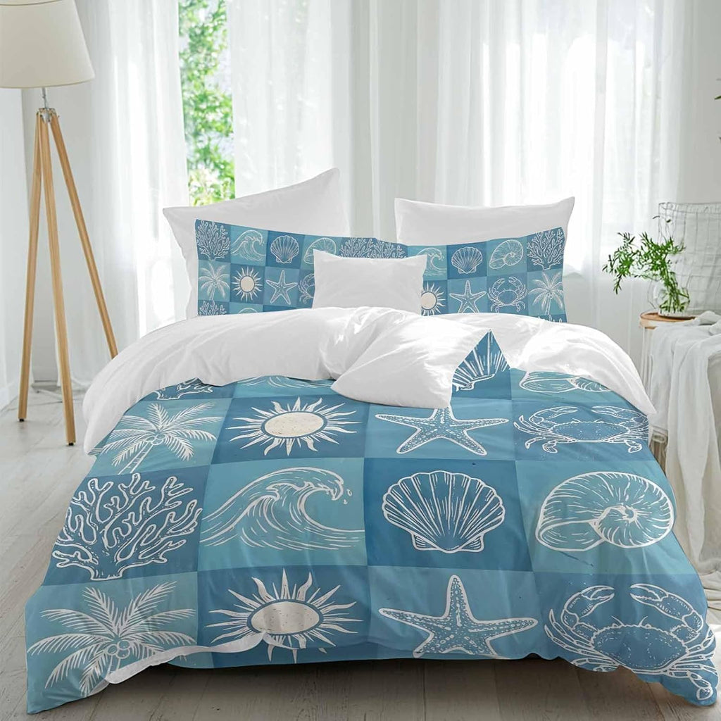 Prime Leader Blue Coastal Duvet Cover Set Queen Size 4 Pieces Summer Ocean Waves Shell Crab Coconut Tree Bedding Set with Zipper Closure, 1 Comforter Cover 92x106 Inches 1 Flat Sheet & 2 Pillow Cases