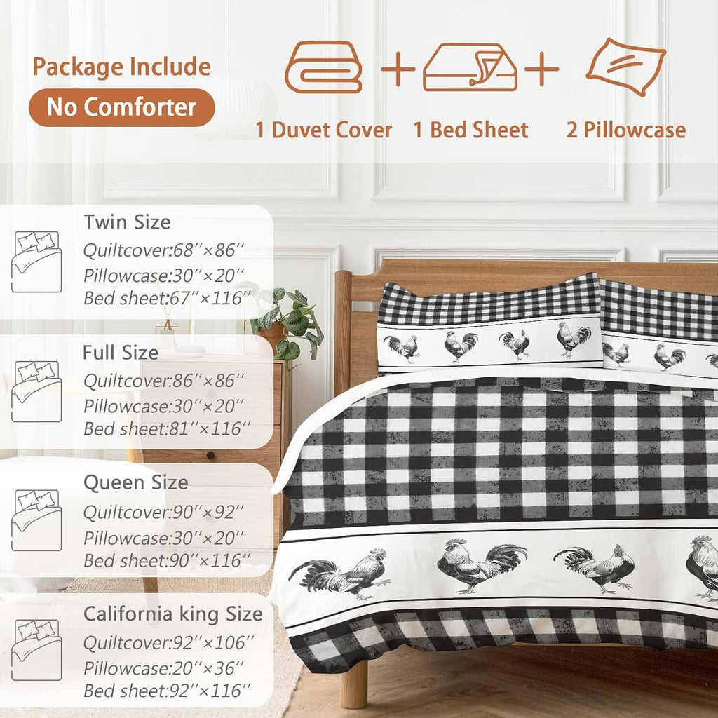 Prime Leader Vintage Black Plaid Duvet Cover Set Queen Size 4 Pieces Farm Cock Chicken Animal Watercolor Bedding Set with Zipper Closure, 1 Comforter Cover 92x106 Inches 1 Flat Sheet & 2 Pillow Cases