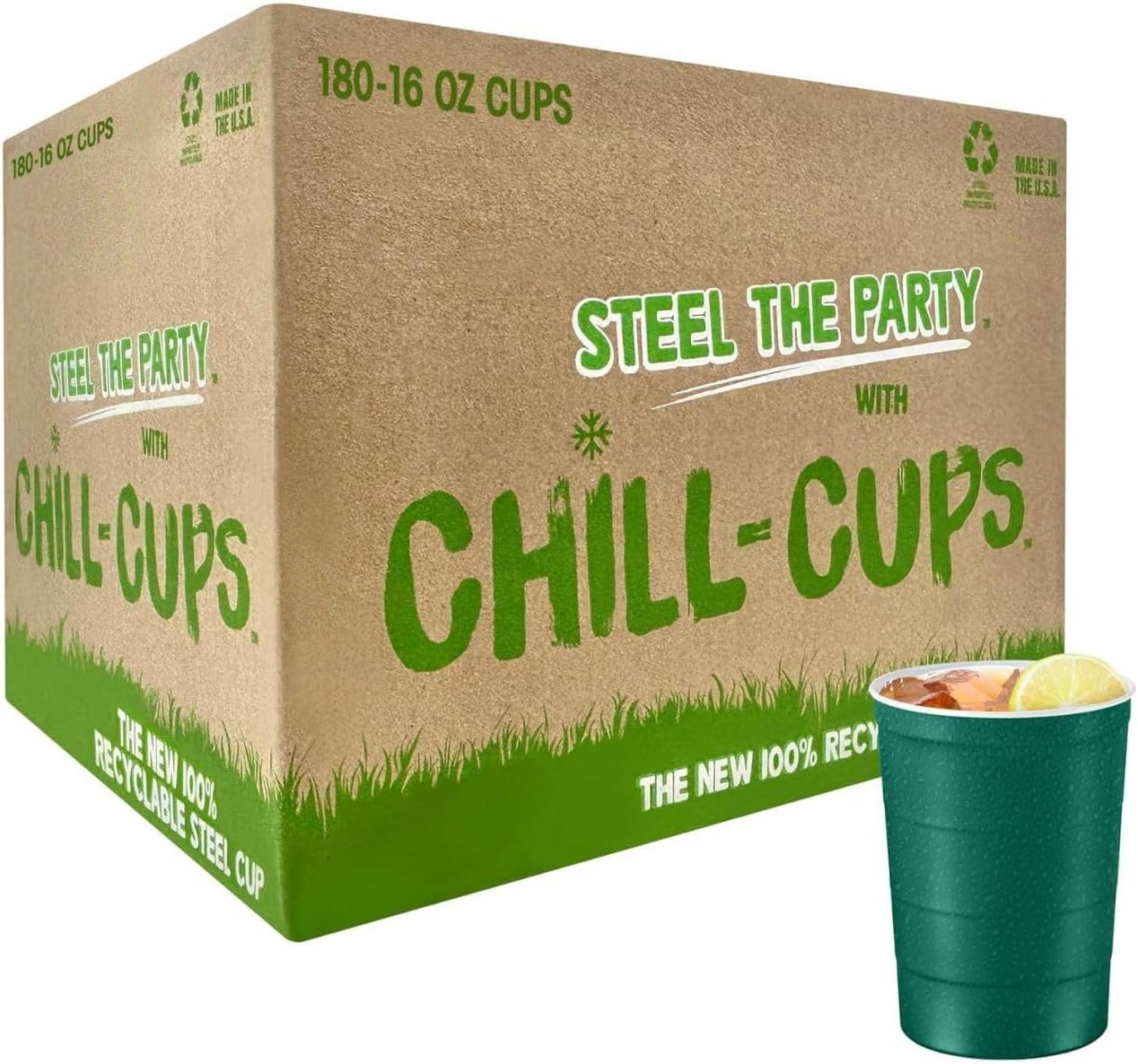 Steel Chill Cups 16 oz. Party Cups, Perfect for Cold Drinks, Sturdy & Durable, Disposable and 100% Recyclable, Made in USA, Green, 180 Count