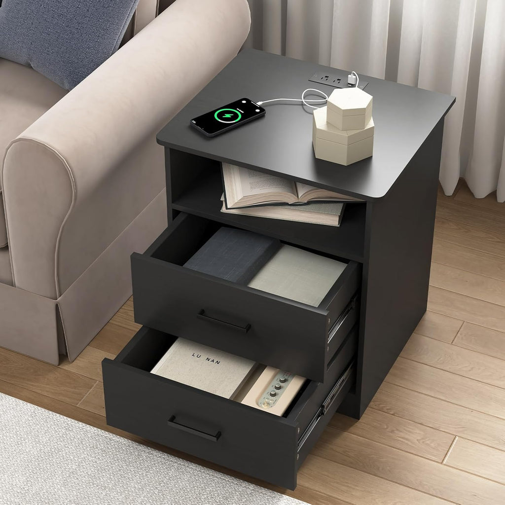 Spaco Black Nightstand Set of 2 with Charging Station,Modern Night Stand Set with 2 Drawers and Open Shelf,Bedside Tables with Storage for Bedroom, End Side Tables for Living Room