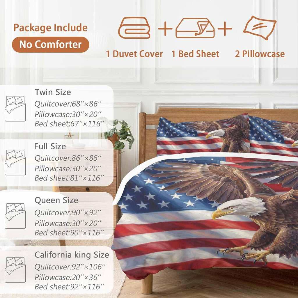 Independence Day Duvet Cover Set Queen Size 4 Pieces Watercolor U. S. Flag Soaring Bald Eagle Bedding Set with Zipper Closure, 1 Comforter Cover 92x106 Inches 1 Flat Sheet & 2 Pillow Cases