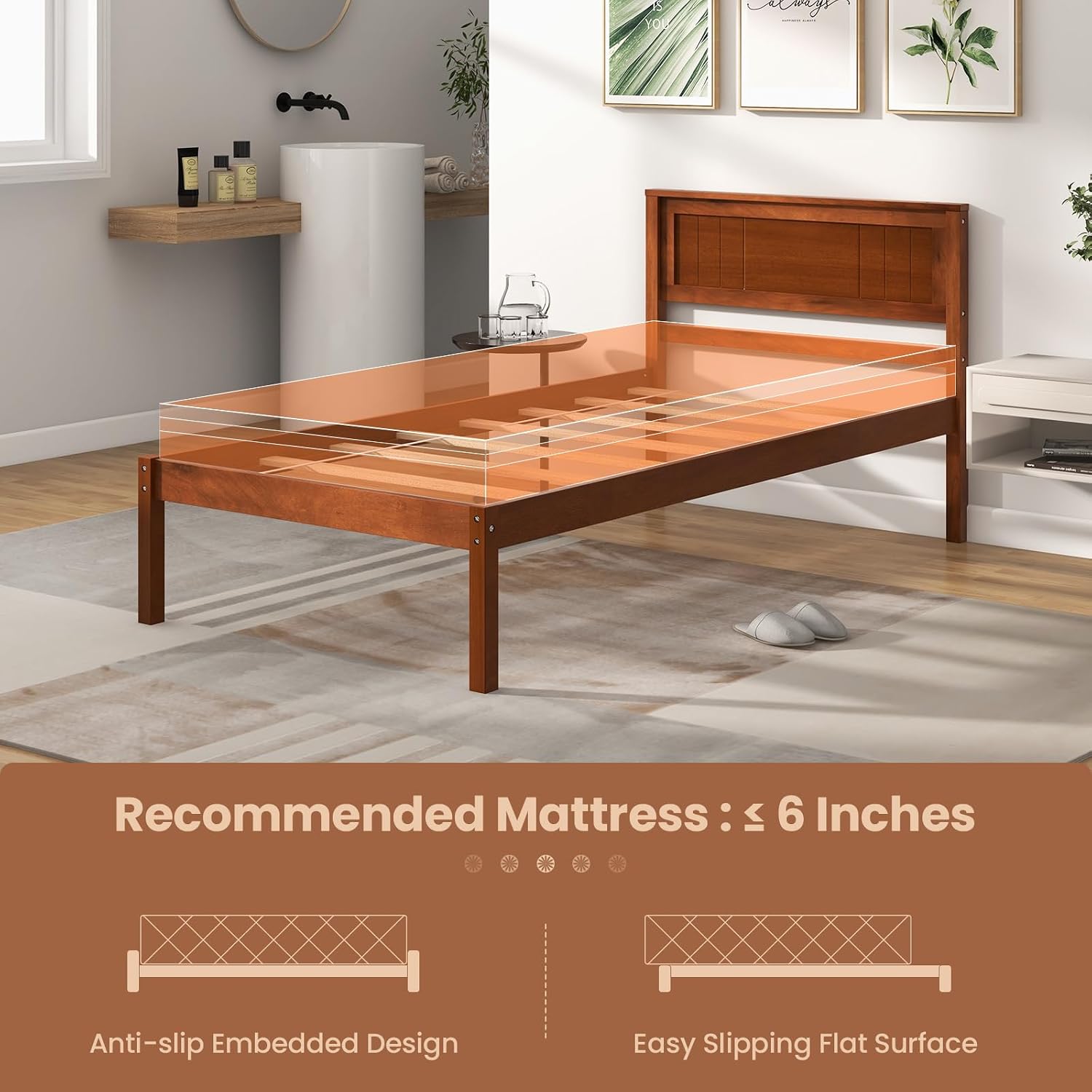 Giantex Twin Bed Frames with Headboard, Solid Wood Platform Bed with Wood Slat Support, Single Bed with 16' Under Bed Storage, Twin Bed Frames for Kids Adults Guests, Easy Assembly, Walnut