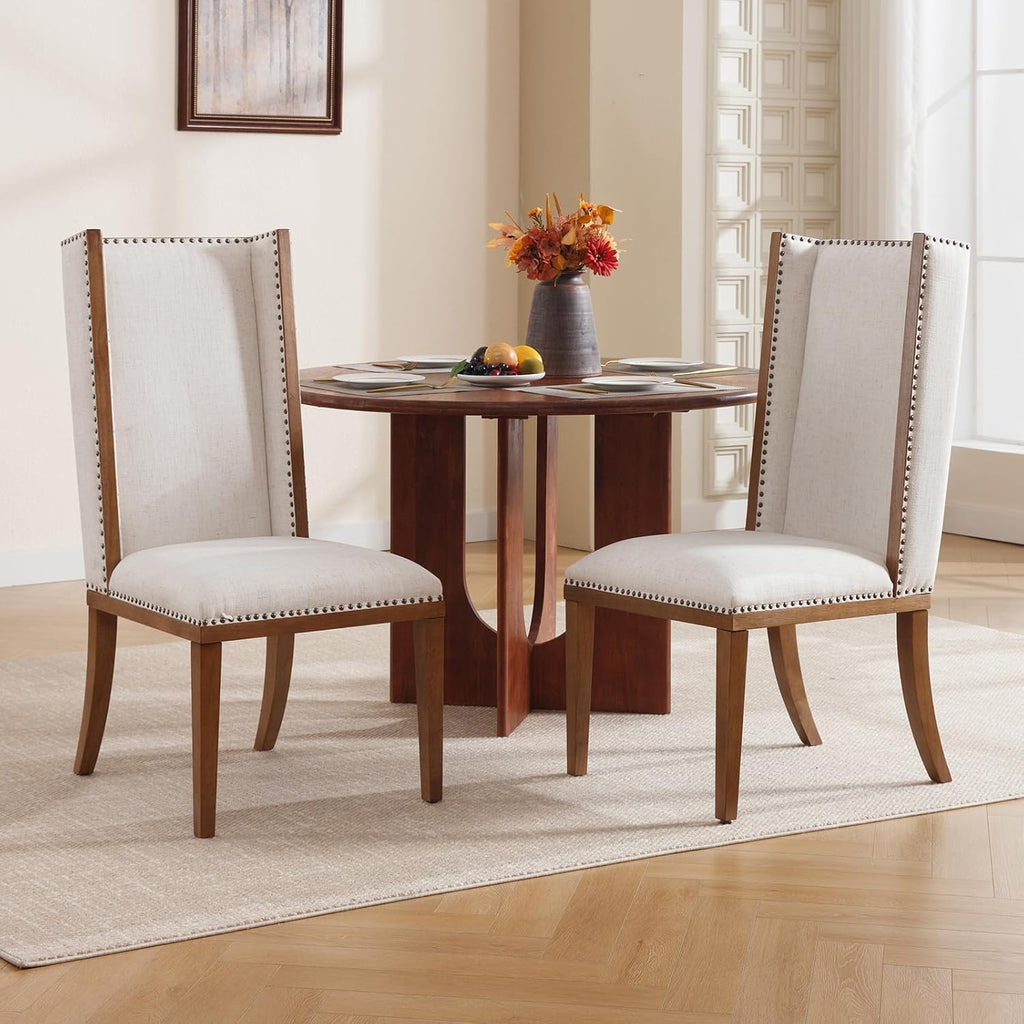 High Back Upholstered Dining Chairs Set of 4, Parsons Fabric Dining Room Chairs with Solid Wood Legs and Nailhead Trim, Farmhouse Wingback Side Chair for Kitchen/Dining Room, Beige