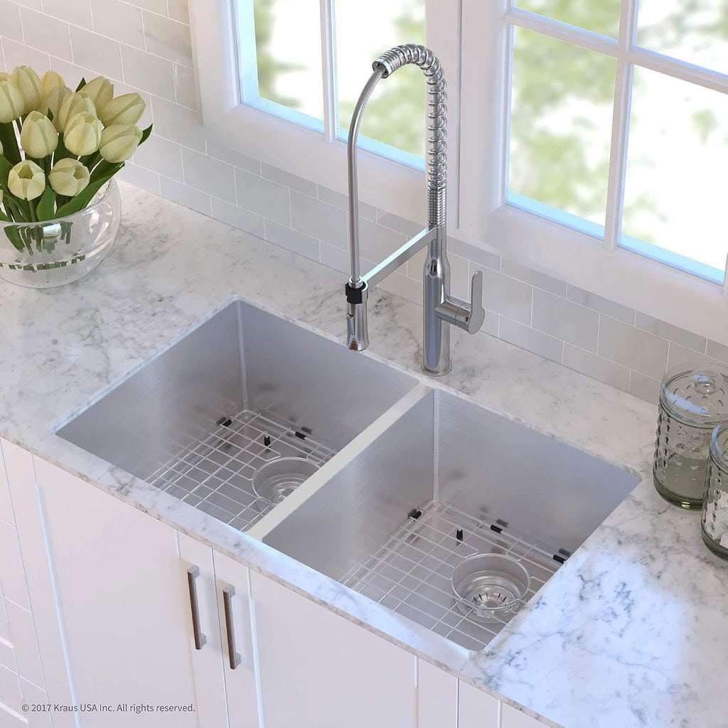 KRAUS Standart Pro 33 -inch Undermount 50/50 Double Bowl 16 Gauge Stainless Steel Kitchen Sink, KHU102-33