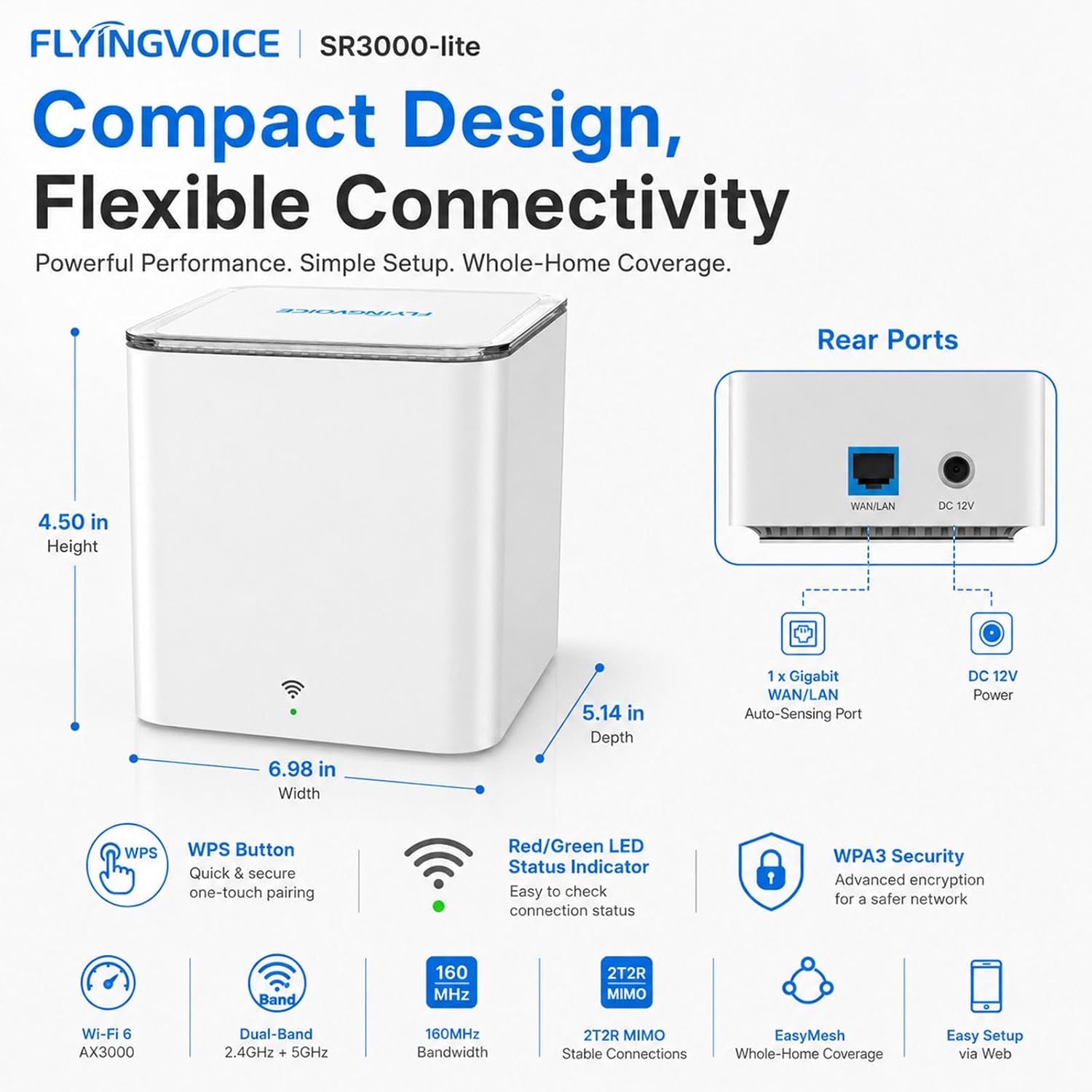 FLYINGVOICE SR3000-lite AX3000 Wi-Fi 6 Router, Dual-Band Gigabit Wireless Internet Speed, EasyMesh for Whole Home Coverage, 1 x Gigabit Port (WAN/LAN), WPS Button, Parent Router or Mesh Satellite
