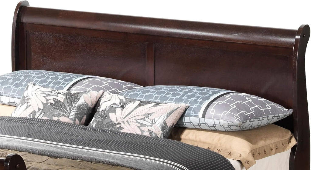 GDFStudio Full Size Wood Platform Bed Frame, Classic Sleigh Design with Curved Trim & Wood Posts,Easy Assembly, Box Spring Required,Timeless Elegant Bedroom Furniture,Cappuccino
