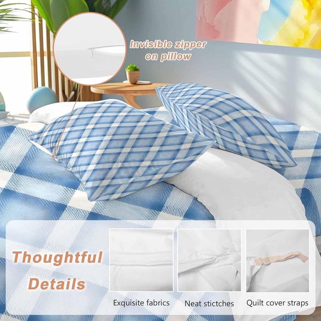 Prime Leader Blue Checkered Duvet Cover Set Queen Size 4 Pieces Modern Minimalist Watercolor Country Farm Bedding Set with Zipper Closure, 1 Comforter Cover 90x92 Inches 1 Flat Sheet & 2 Pillow Cases
