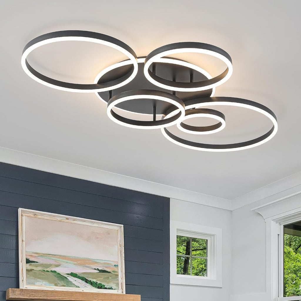 O'NEELDY Black Flush Mount Ceiling Light Dimmable Dining Room Light Fixture Round 6 Rings Modern LED Ceiling Light with Remote Control 47' Kitchen Lighting Fixture Ceiling Lamp for Living Room,Bedroom