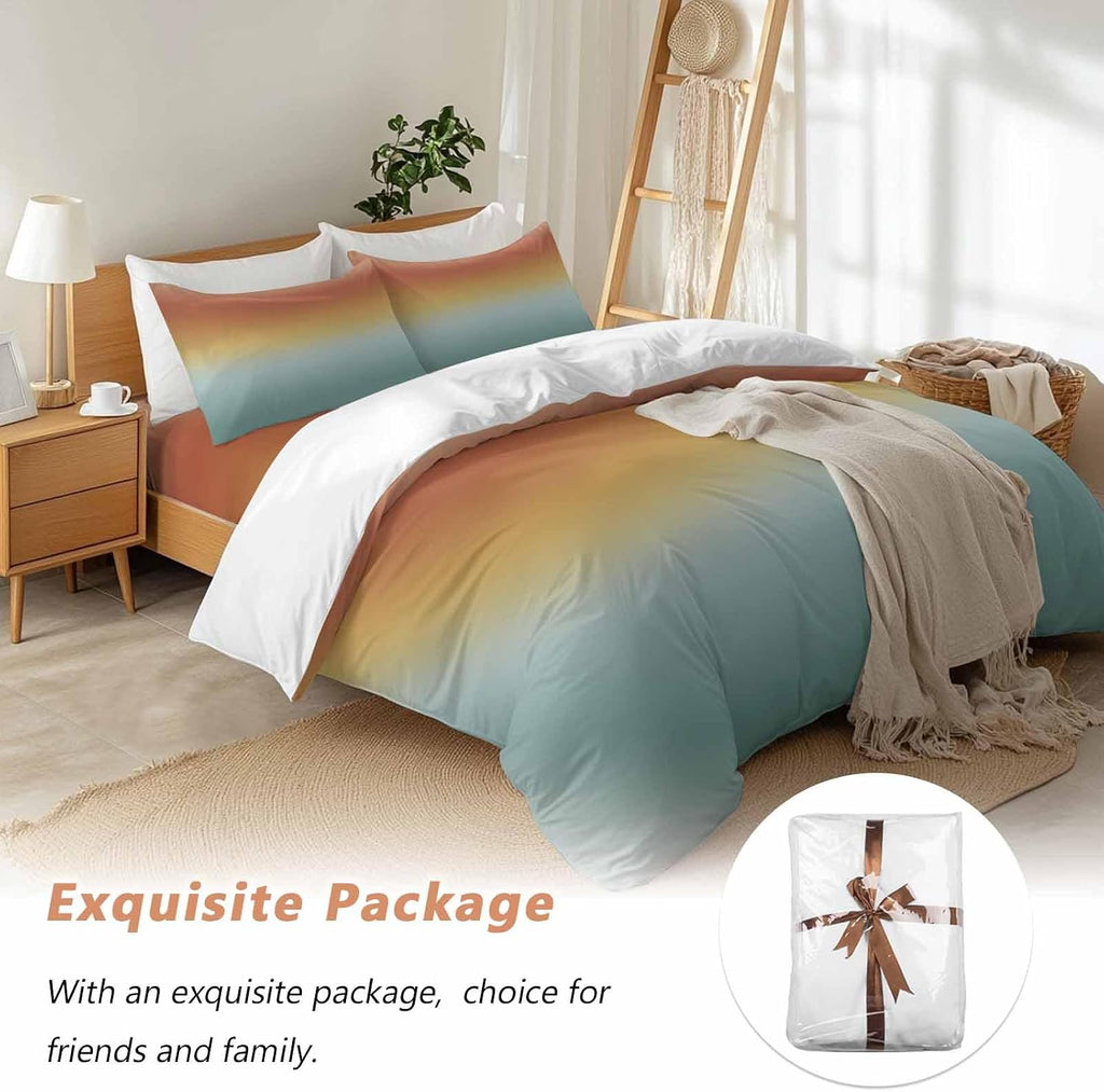 Bohemian Gradient Green Duvet Cover Set Queen Size 4 Pieces Modern Minimalist Orange Yellow Ocean Beach Bedding Set with Zipper Closure, 1 Comforter Cover 92x106 Inches 1 Flat Sheet & 2 Pillow Cases