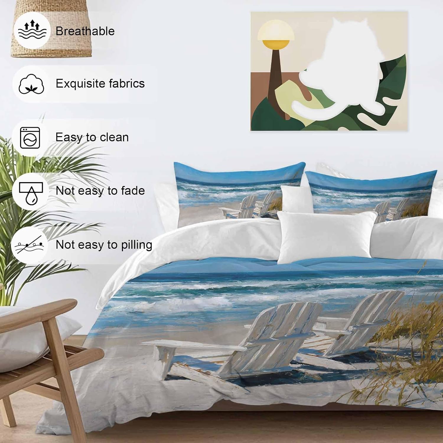 Prime Leader White Chairs Duvet Cover Set Queen Size 4 Pieces American Country Beach Ocean Bedding Set with Zipper Closure, 1 Comforter Cover 92x106 Inches 1 Flat Sheet & 2 Pillow Cases