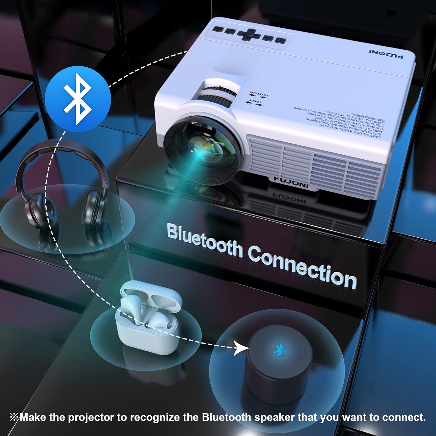 FUDONI Projector with 5G WiFi & Bluetooth, Native 1080P 18000L Portable Movie Projector for Home Theater Outdoor, Built-in Speaker, Compatible with HDMI, USB, AV, Fire Stick, Laptop, iOS, Android, PS5