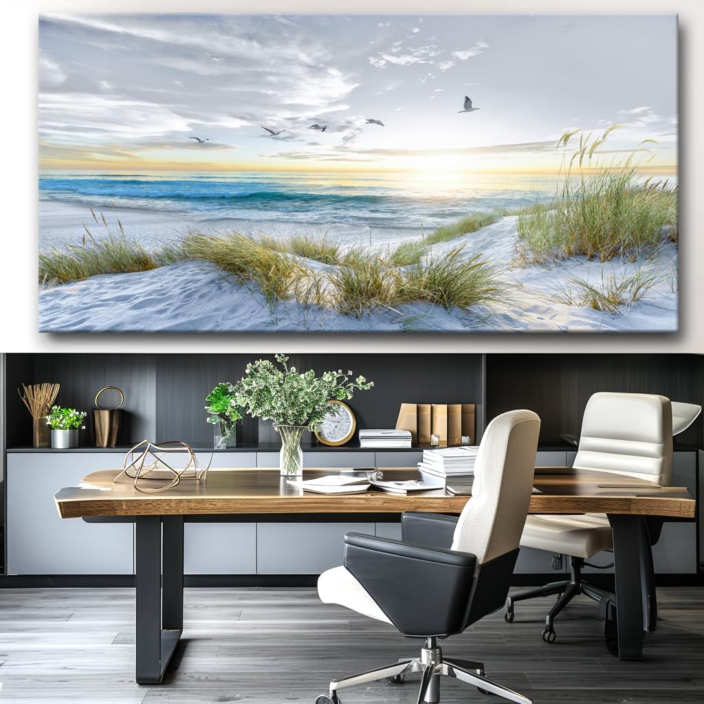 Canvas Prints Wall Art Beach Sunrise Ocean Waves Beach Grass Nature Pictures Stretched Canvas for living Room Bedroom and Office Home Decor 71'x36' with Framed