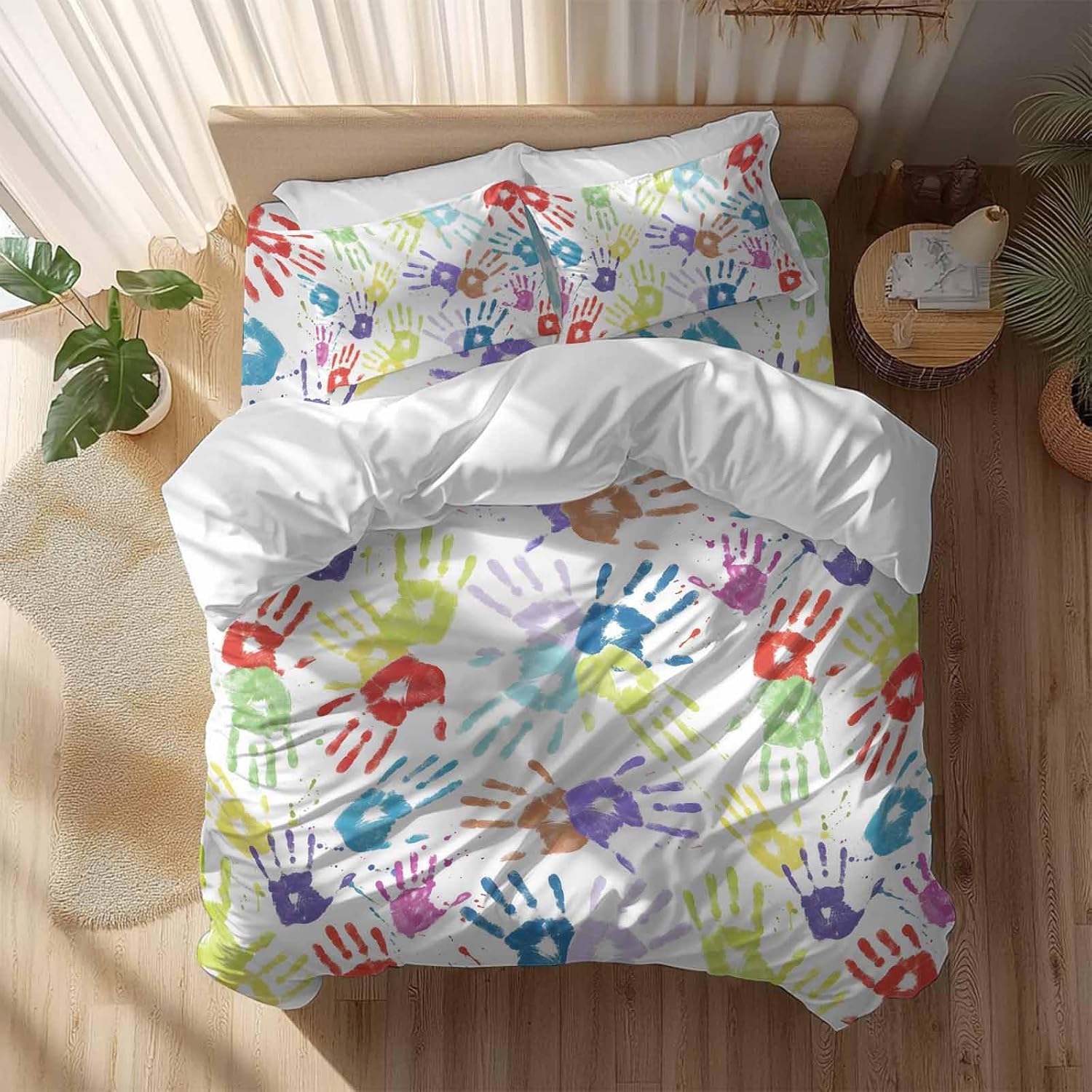 Colorful Cartoon Handprint Duvet Cover Set Queen Size 4 Pieces Cute Watercolor Red Green Blue Graffiti Bedding Set with Zipper Closure, 1 Comforter Cover 90x92 Inches 1 Flat Sheet & 2 Pillow Cases