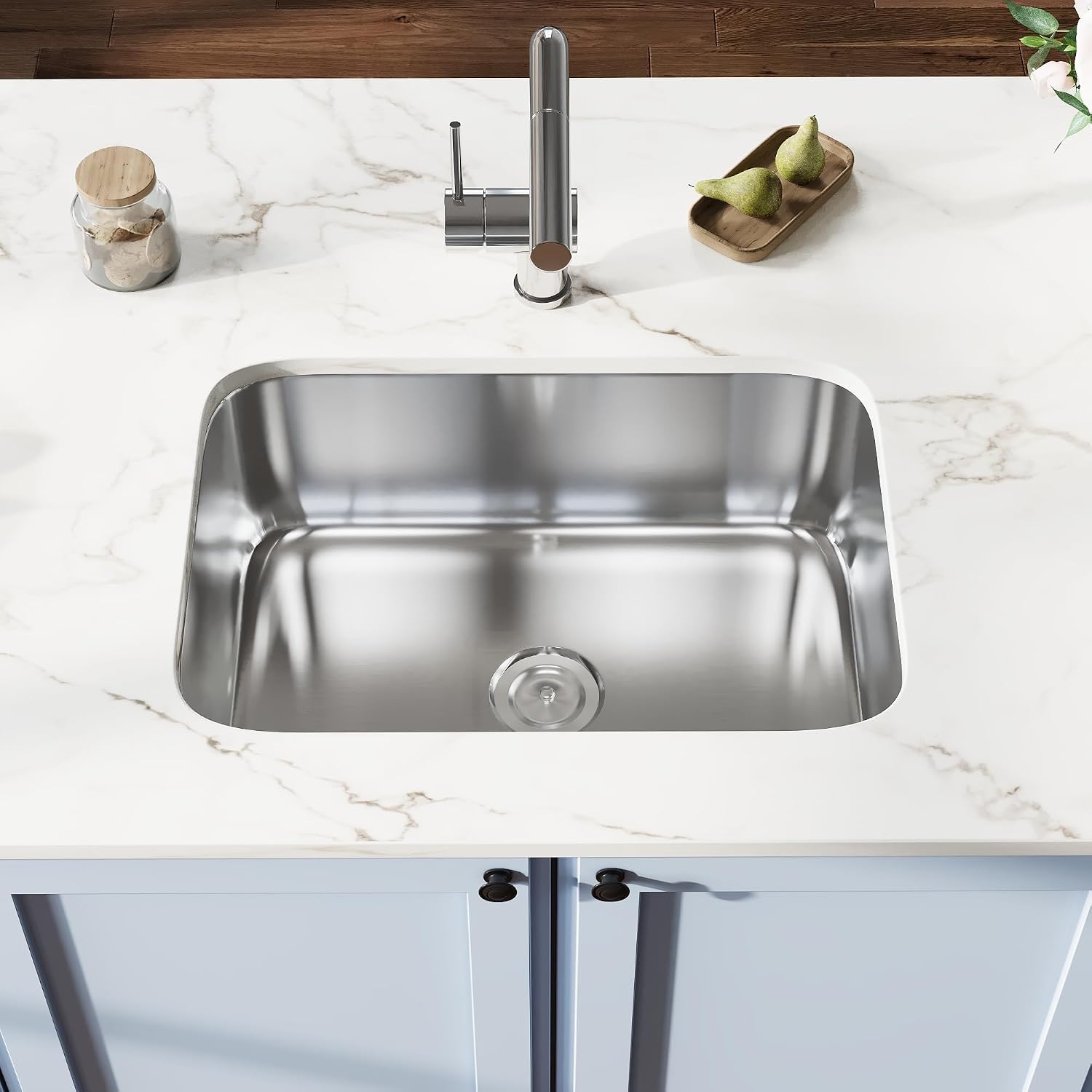 DeerValley 27 Inch Undermount Kitchen Sink 18 Gauge Stainless Steel Kitchen Sink Spacious Single Bowl Sinks with Basket Strainer Curved Shape Round Corner Deep Sinks for Modern Kitchens