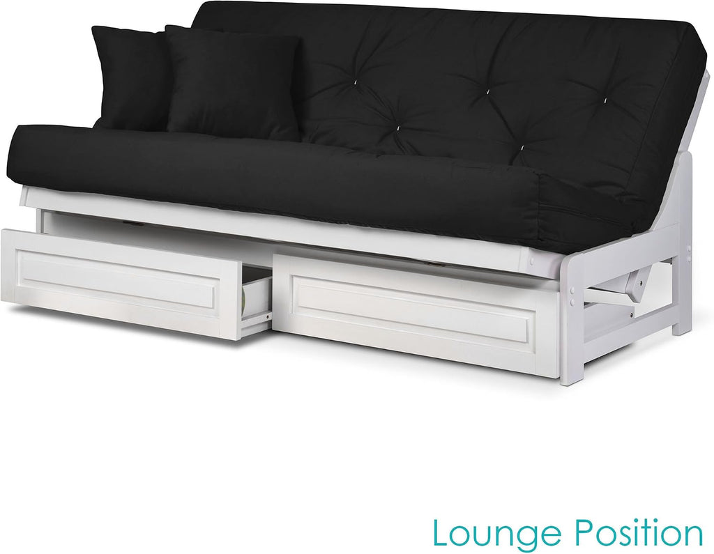 Nirvana Futons Arden White Futon with Storage Drawers Full or Queen Size - Space Saving Armless Design with Comfortable Mattress (Twill Black), Sofa Bed Available in