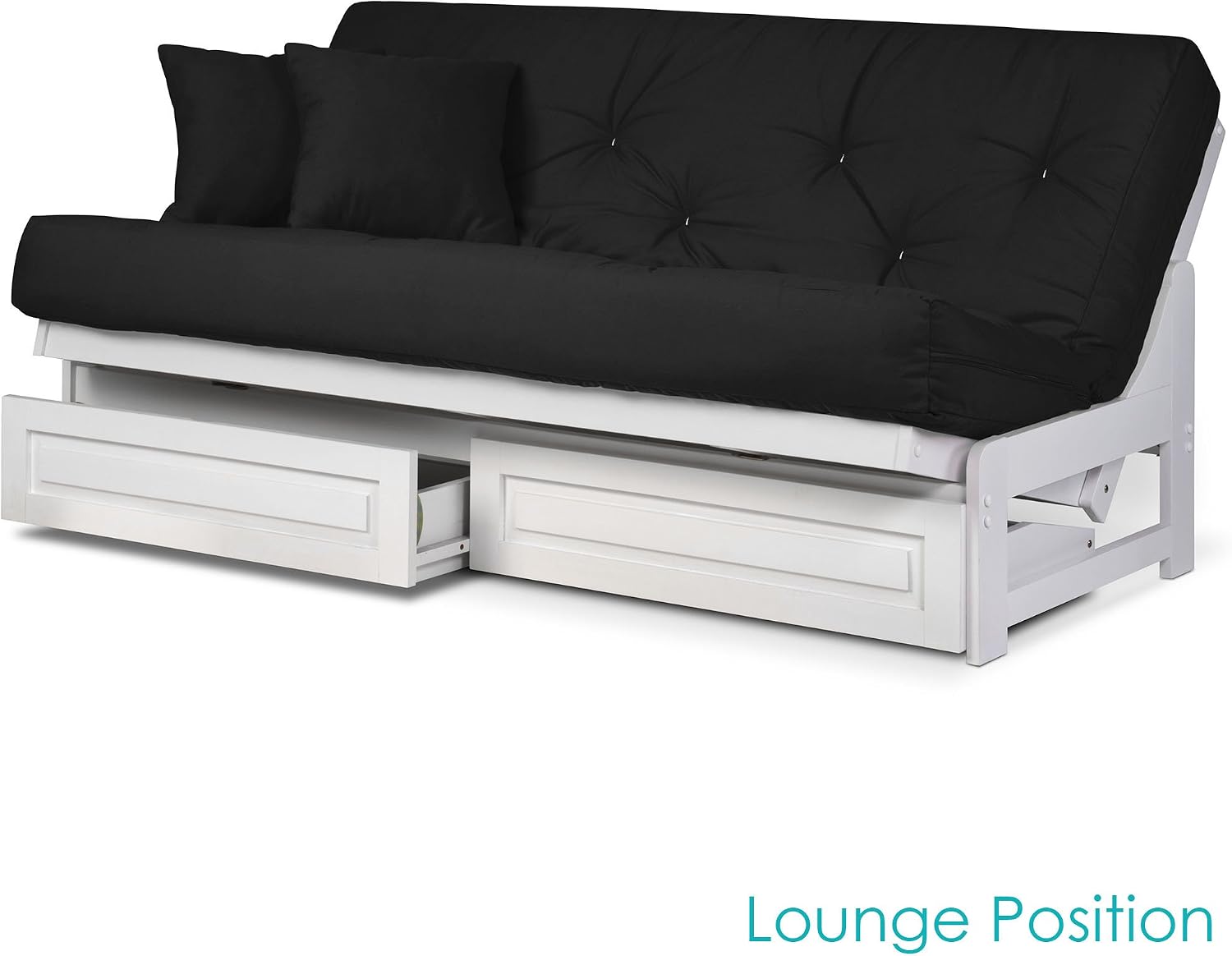 Nirvana Futons Arden White Futon with Storage Drawers Full or Queen Size - Space Saving Armless Design with Comfortable Mattress (Twill Black), Sofa Bed Available in