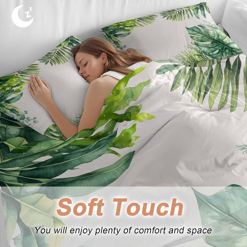 Tropical Leaf Duvet Cover Set Queen Size 4 Pieces Palms Monstera Leaves Green Plant Botanical Bedding Set with Zipper Closure, 1 Comforter Cover 92x106 Inches 1 Flat Sheet & 2 Pillow Cases