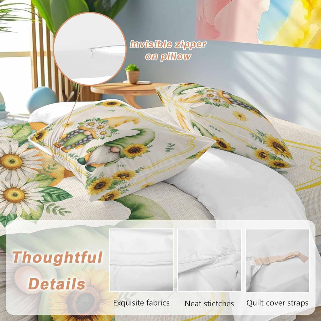 Summer Dwarfs Duvet Cover Set Queen Size 4 Pieces Yellow Sunflower Daisy Field Plant Vintage Bedding Set with Zipper Closure, 1 Comforter Cover 92x106 Inches 1 Flat Sheet & 2 Pillow Cases