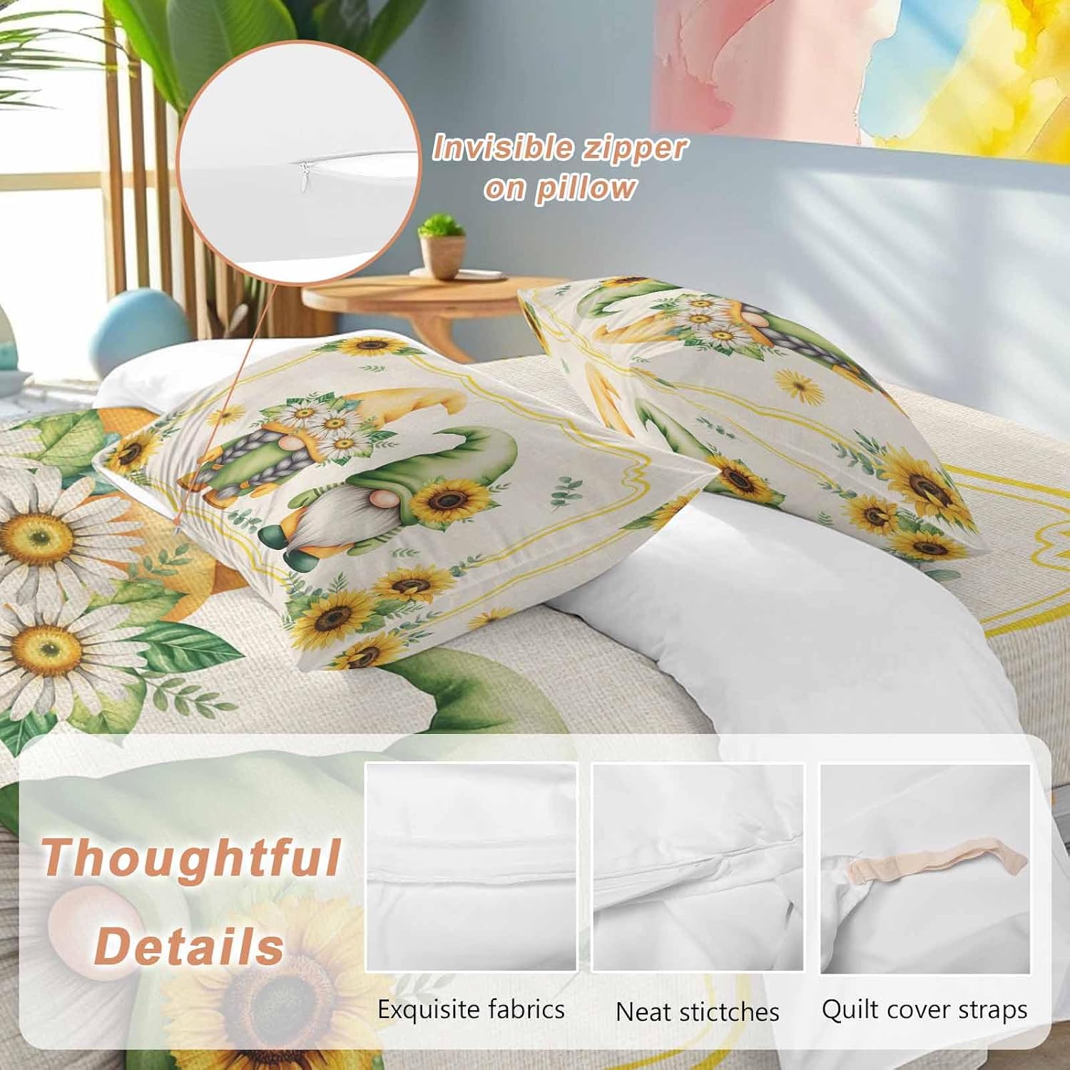 Summer Dwarfs Duvet Cover Set Queen Size 4 Pieces Yellow Sunflower Daisy Field Plant Vintage Bedding Set with Zipper Closure, 1 Comforter Cover 92x106 Inches 1 Flat Sheet & 2 Pillow Cases