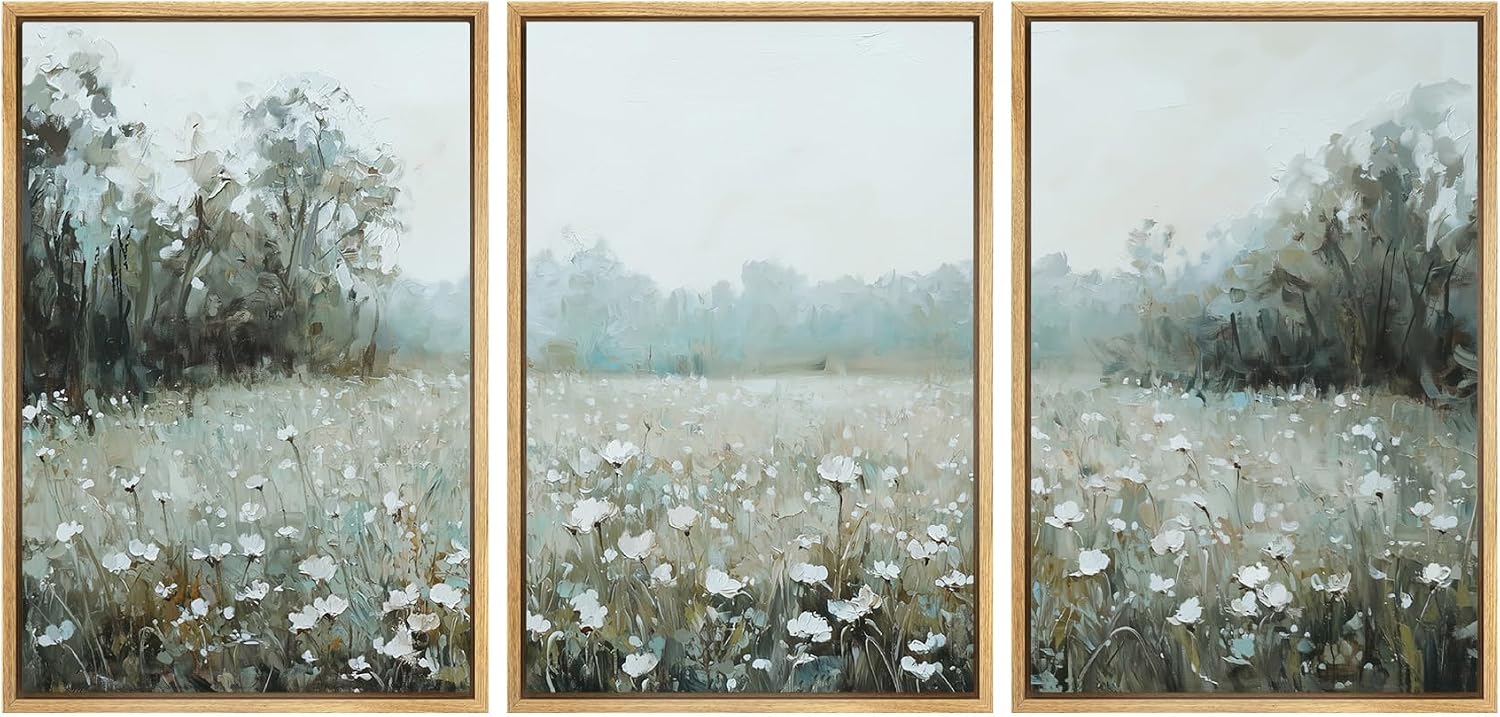 SIGNWIN Framed Canvas Print Wall Art Misty White Wildflower Meadow Serene Nature Landscape Illustrations Modern Bohemian Scenic Ultra for Living Room, Bedroom, Office - 16'x24'x3 Natural