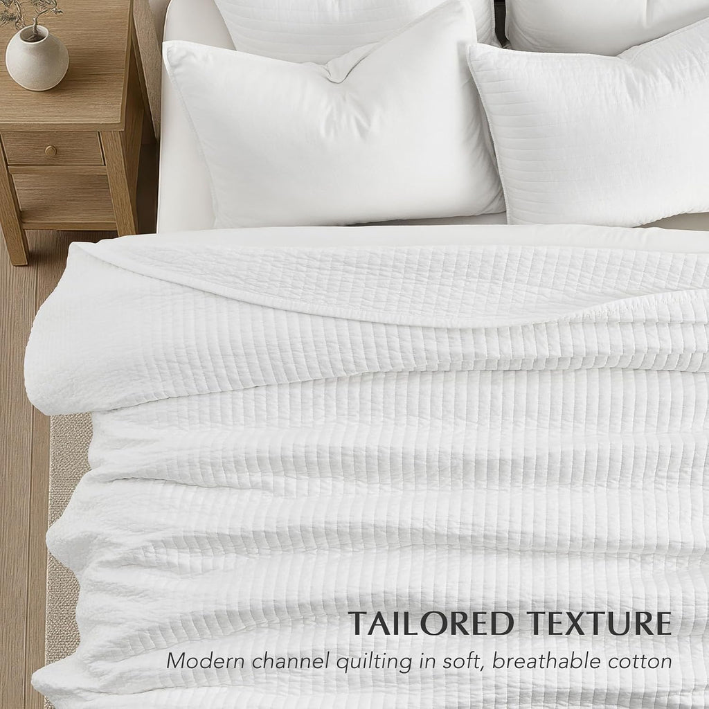 EVERGRACEHOME Cotton Sateen Quilt Set King Size, Pre-Washed Cotton Channel Stitch Coverlet Bedspread, 3 Pieces Lightweight Soft Bedding Sets for All Season, with 2 Pillow Shams, Bright White