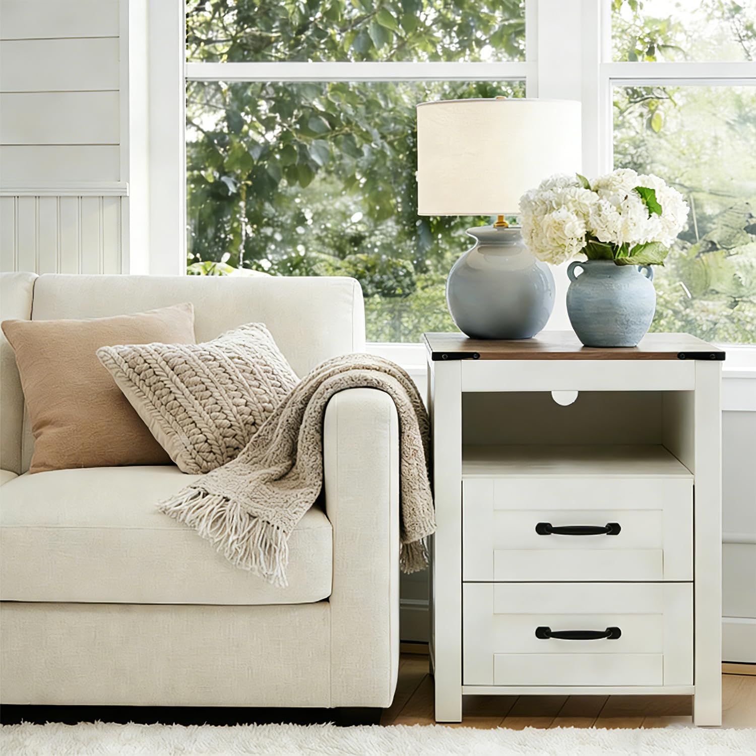 Farmhouse Night Stand Set of 2, Rustic White Nightstand for Bedroom, End Tables Without Charging Station, Bedside Table with Drawers, Wood Bedside Cabinet Dresser