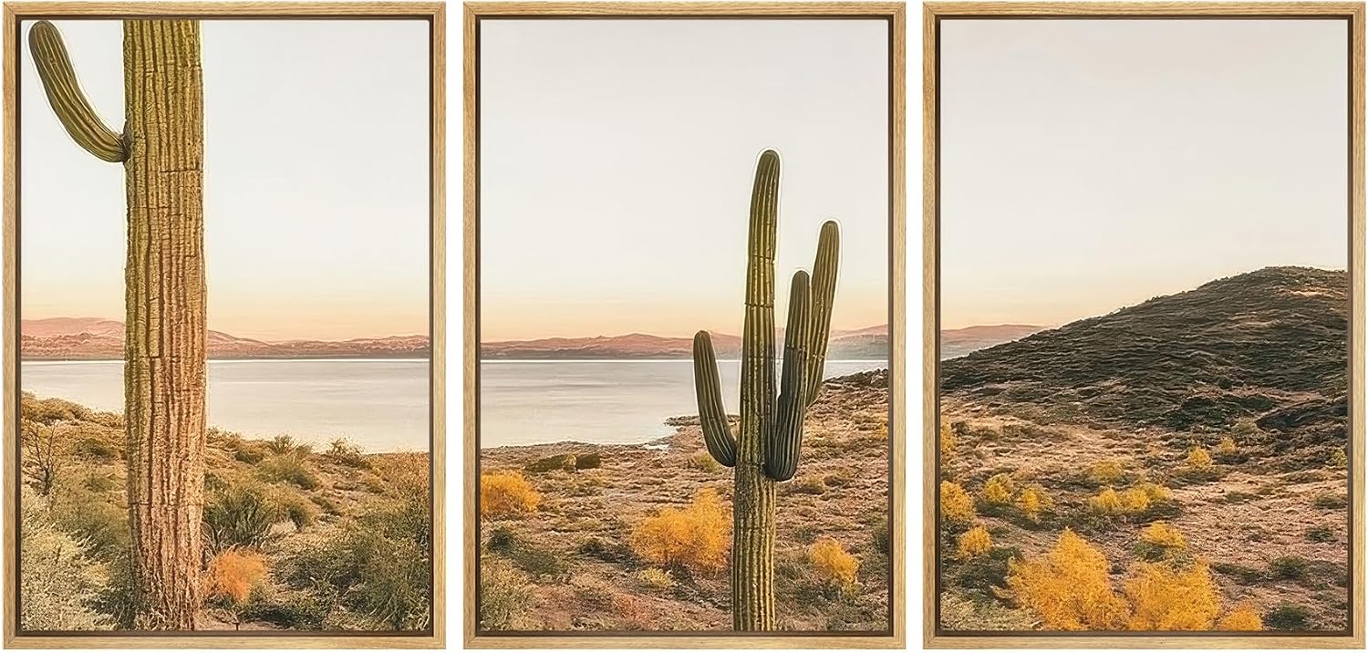 SIGNWIN Framed Canvas Print Wall Art Set Desert Cactus Landscape Southwestern Sunset Illustrations Modern Colorful Ultra for Living Room, Bedroom, Office - 24'x36'x3 Natural