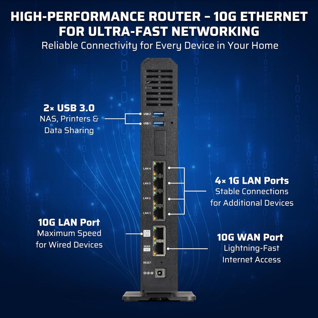 Velo7 Max BE19000 Tri-Band WiFi 7 Router, 4 * 4 MIMO12-Stream 320MHz Up to 19Gbps, 4096-QAM, 2X 10G + 4×1G Ports, Long-Range 10-Antenna, EasyMesh & WPS, OpenWrt, NAS, Enterprise-Grade Secured