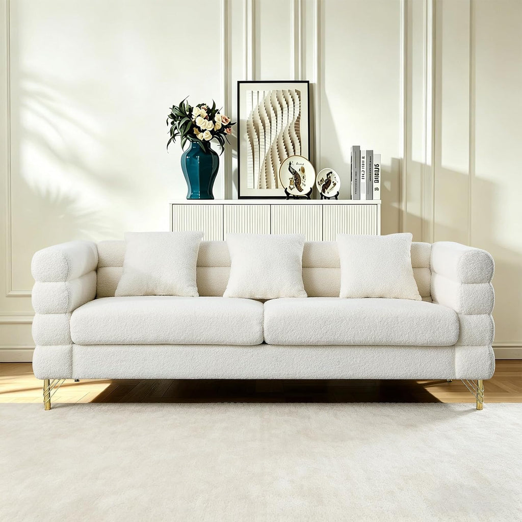 Loveseat Modern Sofa, 81' Teddy Boucle Comfy Cloud Couch Upholstered Deep 3 Seater Sherpa Couch Set with Stylish Metal Legs for Living Room Home Office Bedroom Apartment, White