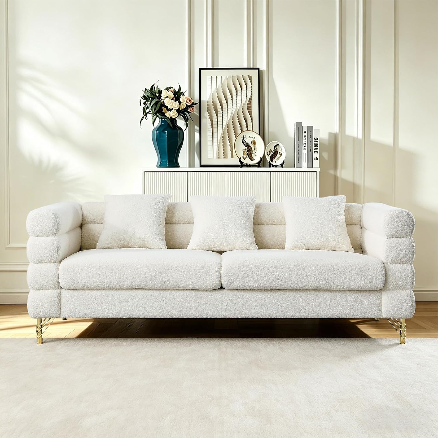 Loveseat Modern Sofa, 81' Teddy Boucle Comfy Cloud Couch Upholstered Deep 3 Seater Sherpa Couch Set with Stylish Metal Legs for Living Room Home Office Bedroom Apartment, White