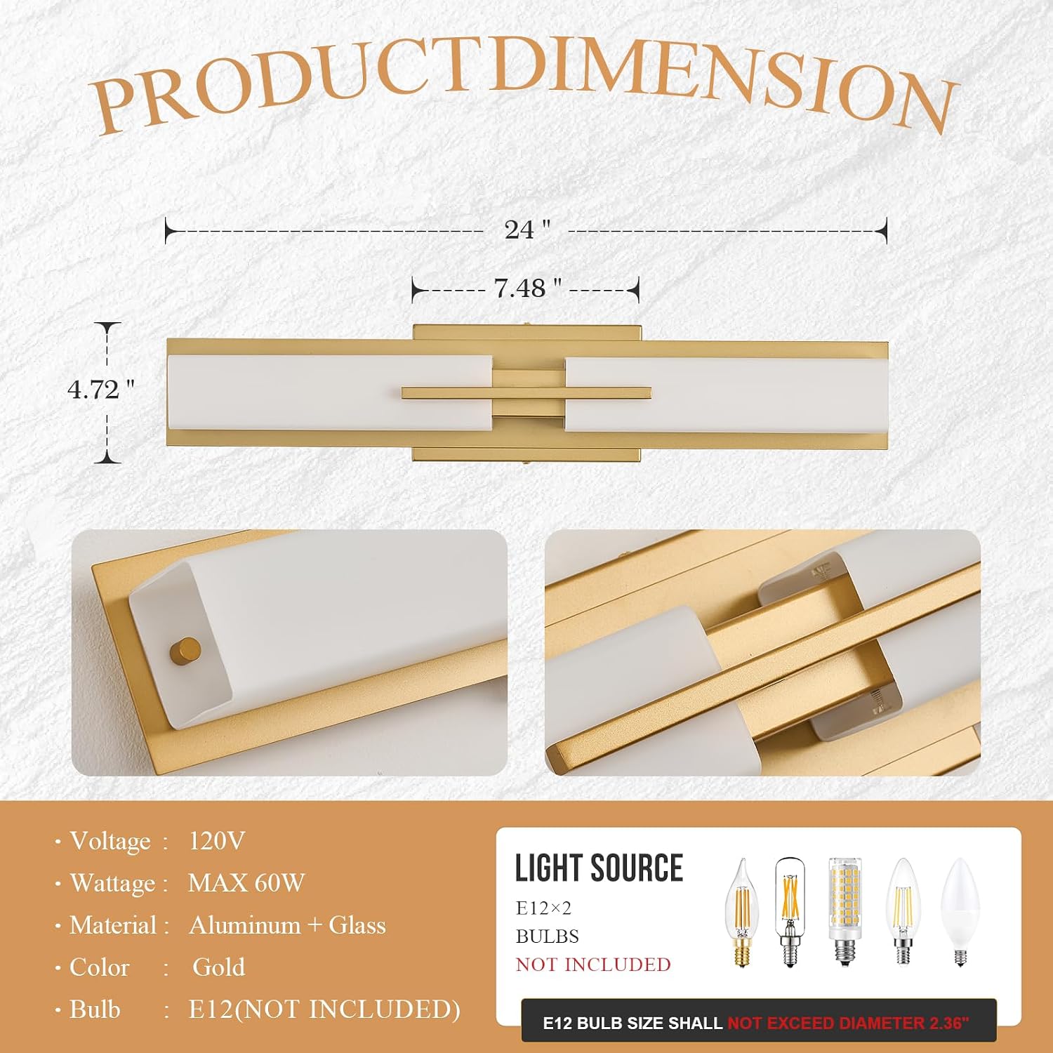 VitaLink Gold Vanity Light, 24' Modern Bathroom Wall Light Over Vanity Mirror 2-Light Hardwired Milky White Glass Wall Light for Bedroom Living Room Dining Room Hallway