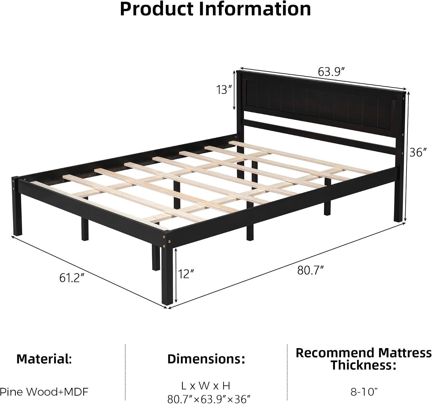 Wood Platform Bed, Bed Frame with Headboard, Wood Slat Support, No Box Spring Needed, Queen, Espresso