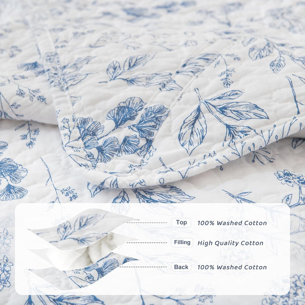 Sanracie Oversized King Bedspread 120'x120', 100% Cotton White and Blue Floral Quilted Bedspread Set 3Pcs Soft Breathable Shabby French Country Chic Vintage Garden Floral Bedding Set for All Season