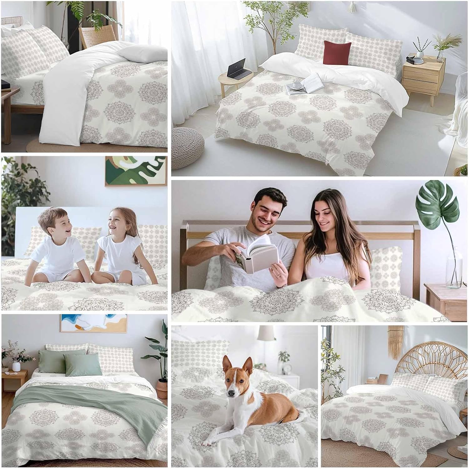Grey Boho Flower Duvet Cover Set Queen Size 4 Pieces Abstract Bosemia Geometric Graphic Rustic Country Bedding Set with Zipper Closure, 1 Comforter Cover 92x106 Inches 1 Flat Sheet & 2 Pillow Cases