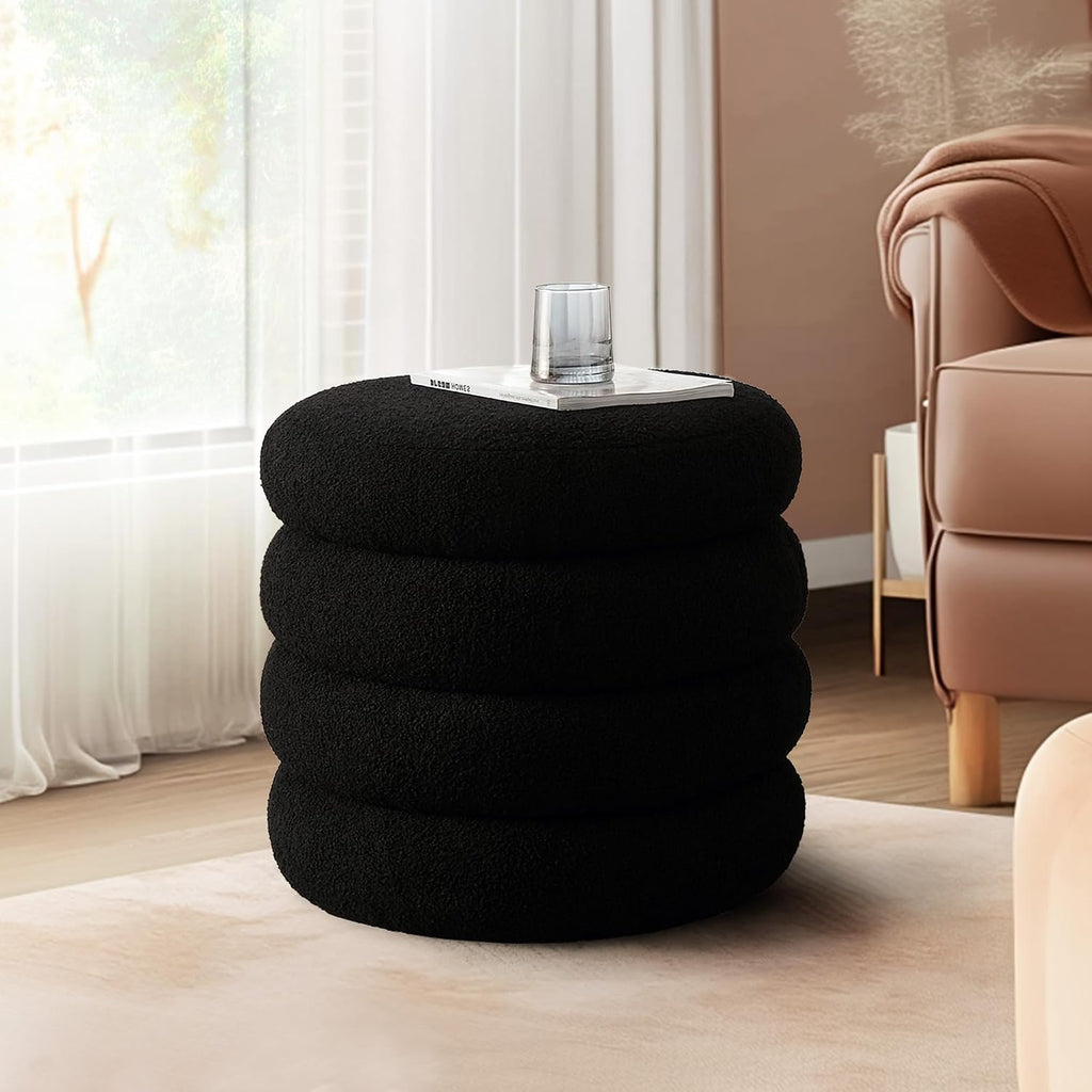 19.5 Inch Round Storage Ottoman, Modern Sherpa Ottoman Coffee Table with Removable Top, Black Vanity Stool with Storage for Bedroom, Living Room, Dorm, Set of 2